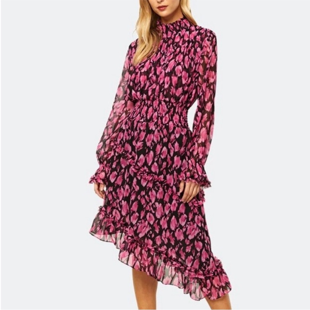 MISA Lupita Asymmetrical Dress Pink Black Medium Cocktail Barbie-core Vacation